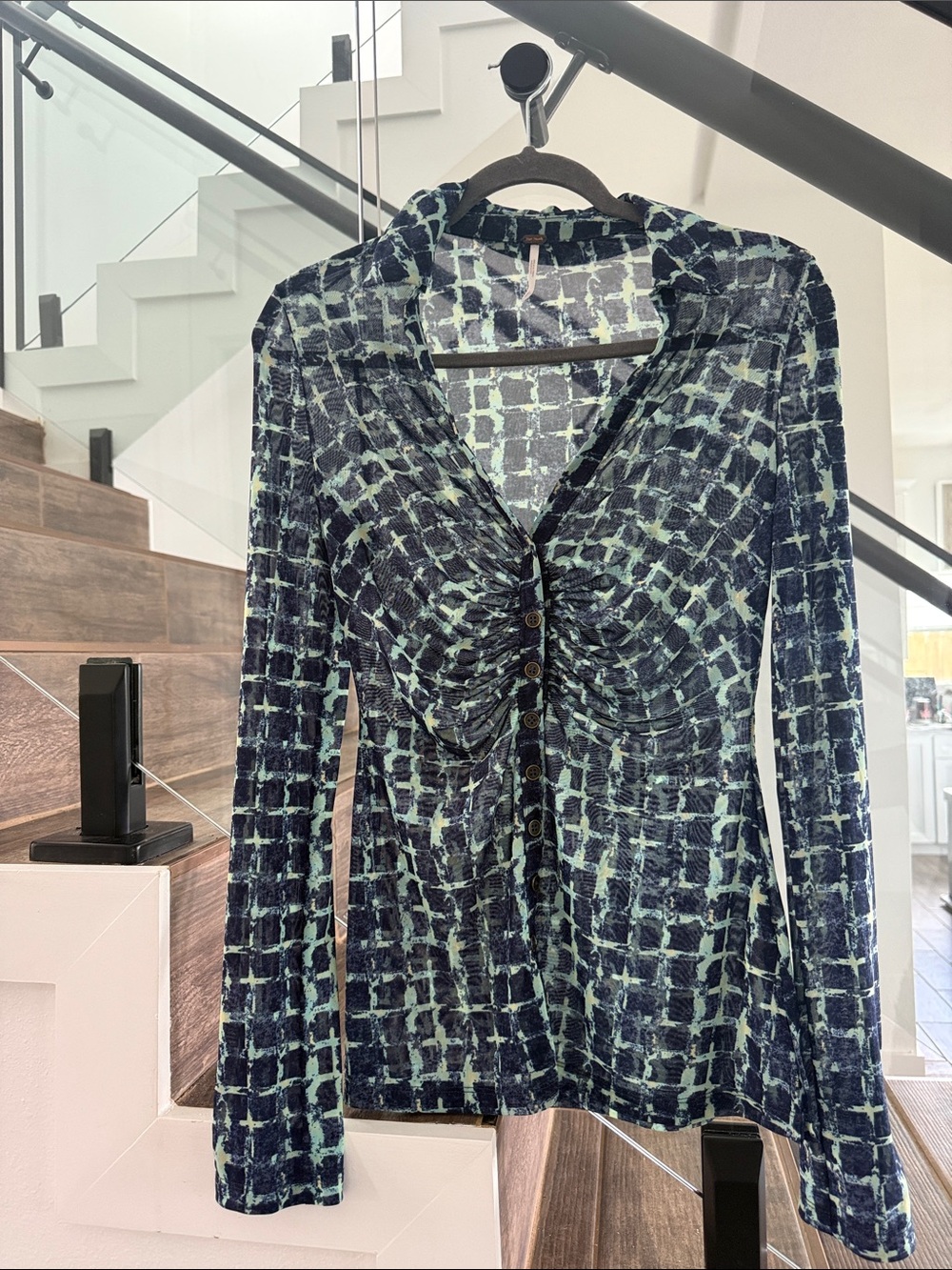 Free People Ruched Front Long Sleeve Grid Print Top - Navy & Mint